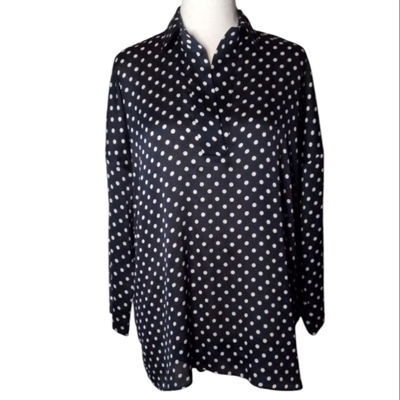 Zara Basic Split V Neck Navy Blue & White Polkadot Flowy Blouse Office Size XS - Picture 1 of 6